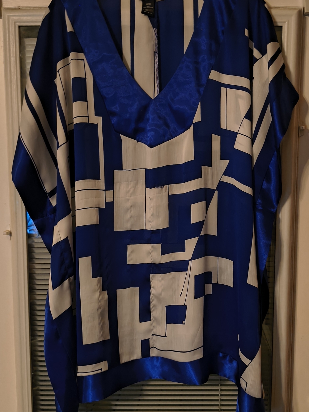 Lane Bryant Blue and Cream Geometric V-Neck Blouse with Satin Trim